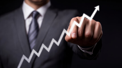 A businessman in a suit indicates a positive trend with an upward pointing arrow.