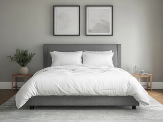 A bed with white sheets and pillows. A vase with a plant on the nightstand