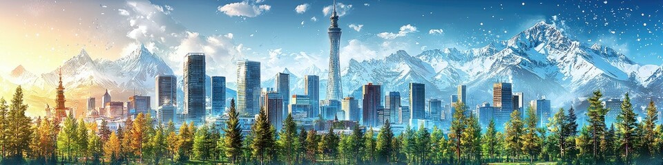 Obraz premium Beautiful panoramic view depicting a city near snowy mountain ranges