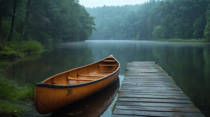Obraz premium A peaceful lake surrounded by lush greenery, with a wooden dock extending into the calm water and a canoe tied nearby 