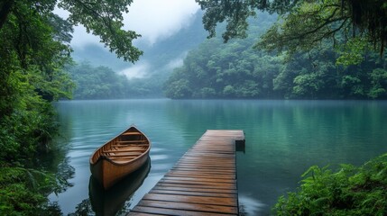A peaceful lake surrounded by lush greenery, with a wooden dock extending into the calm water and a canoe tied nearby 