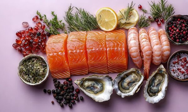 Fresh Seafood Platter: Salmon, Shrimp, Oysters on Pink