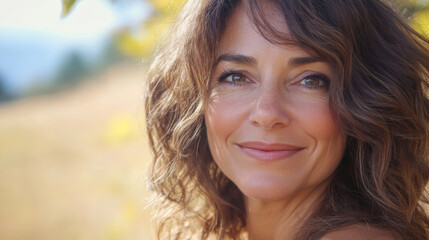 Fototapeta premium A beautiful middle-aged woman with curly hair smiles gently in the warm, natural sunlight.