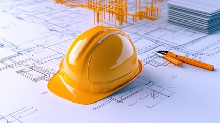 Construction Site Planning: Hard Hat on Blueprints