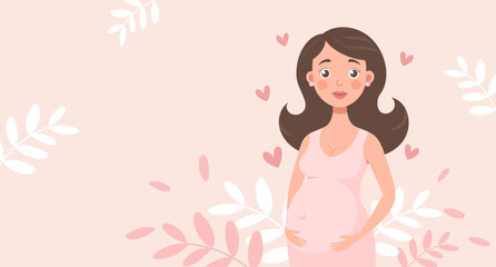 Cute pregnant woman with flowers on pink background with floral elements. Flat illustration.