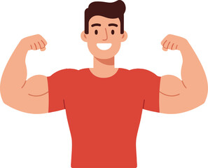 Strong muscular man in a red t-shirt flexing his arms with a cheerful expression in a flat vector illustration