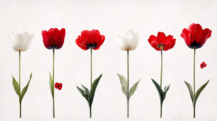 Obraz premium A colorful arrangement of red and white tulips on a white background. The bright flowers contrast with the minimalist setting. This shot conveys a sense of freshness and spring.