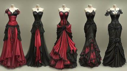 Five Gothic Style Dresses Displayed on Mannequin Forms