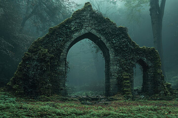 Obraz premium Moss-covered stone archway ruins stand mysteriously in a misty forest.