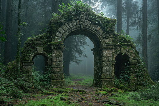 Ancient stone archway overgrown with moss in a misty forest, a path leads through.