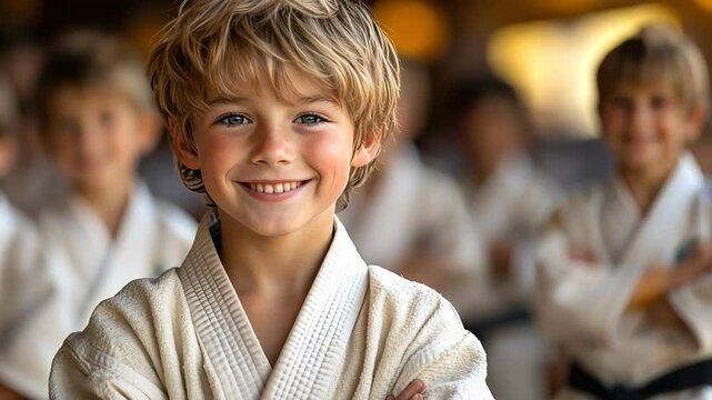 Young boy smiles joyfully in martial arts dojo, training with children and showcasing camaraderie and enthusiasm.