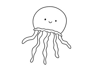 Cute smiling jellyfish, line sea animal doodle illustration for children. Vector nautical drawing for coloring book