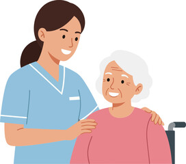 Fototapeta premium Caring nurse assisting an elderly woman in a wheelchair, showcasing compassion and professionalism in a flat vector illustration