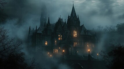 Obraz premium Misty gothic mansion with illuminated windows enveloped in chilling fog