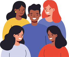 Obraz premium Group of five diverse friends smiling and posing together in a cheerful flat vector illustration