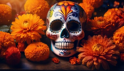 A Dia de los Muertos celebration, with vibrant skull makeup and marigold flowers, set in a mystical atmosphere, blending tradition and spiritual remembrance in a colorful, haunting way