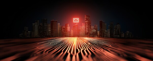 A futuristic city skyline illuminated by a glowing email icon, set against a dark background with dynamic lines suggesting digital connectivity.