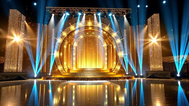 Illuminated Stage: An empty, yet vibrant, stage is set with an array of bright spotlights and an elegant, golden archway, casting dramatic reflections.
