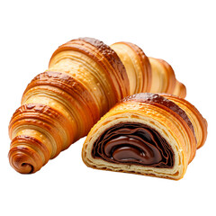 Fototapeta premium Chocolate French croissant isolated on transparent background. Delicious pastry for breakfast, brunch, dessert menu, bakery ads, culinary publications.