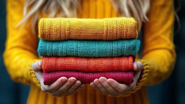 Cozy sweaters in vibrant colors stacked in warm hands, showcasing style and comfort for chilly days ahead.