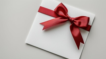 A red ribbon is tied around a white envelope