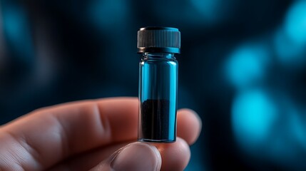 Hand holding a small vial with dark powder.