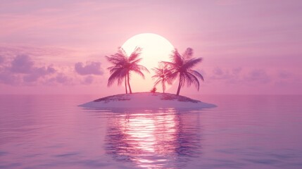  An island with palm trees in the middle of a calm ocean, a pink sky on the sunset.