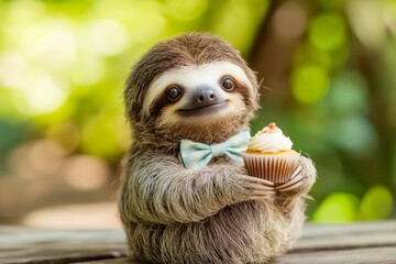 Fototapeta premium A baby sloth with a bowtie holding a tiny cupcake, sitting on a wooden picnic table outdoors