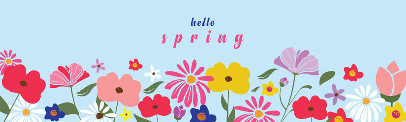 Hello Spring card poster spring holidays featuring a charming pattern tulips. Hand-drawn floral art template, perfect for Easter, birthdays, or Mother's Day décor and greetings.