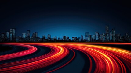 Fototapeta premium A vibrant city skyline at night with streaks of light from moving vehicles, creating a dynamic and energetic atmosphere.