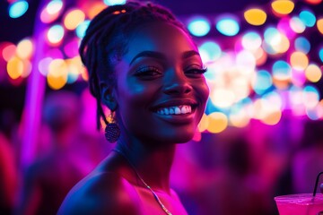 
Portrait photo of a 25-year-old Black woman with a euphoric expression, visibly intoxicated, standing under neon festival lights with a cocktail in hand

