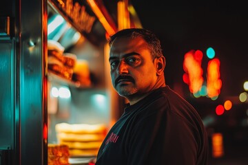 
Portrait photo of a 35-year-old South Asian man with a dazed look, visibly intoxicated, standing by a glowing food truck at night
