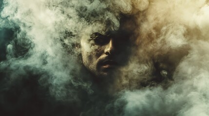 Obraz premium Man's face obscured by swirling smoke, dramatic lighting.
