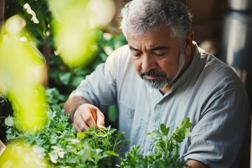 Mature man, Middle Eastern descent, clipping fresh herbs from a small garden, framed by vibrant greenery and natural sunlight, The Male Consumer