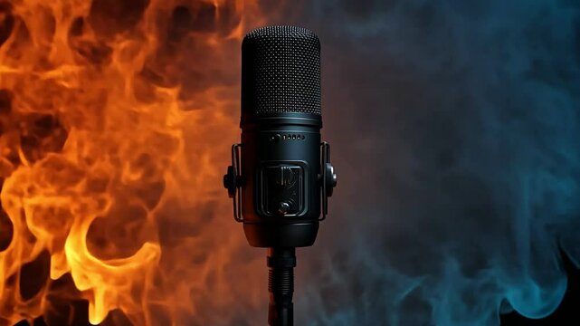 Vibrant Energy Dynamic Microphone Amidst Flames and Smoke, Showcasing Creativity and Performance in Striking Visuals
