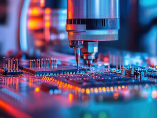 b. A detailed close-up of cutting-edge machinery assembling semiconductors, with laser-guided accuracy and intricate circuit patterns, symbolizing advanced technology. 