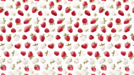 A repeating pattern of ripe red strawberries on a white background. A vibrant and juicy print for textiles or packaging.