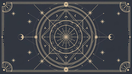 Tarot card back with a symmetrical geometric pattern with astrology and lunar elements, mystical aesthetic generative ai