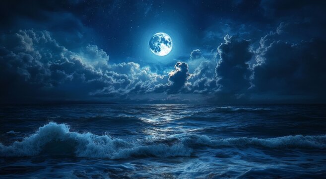 Beautiful ocean scene with a large moon and clouds in the night sky, a fantasy landscape.