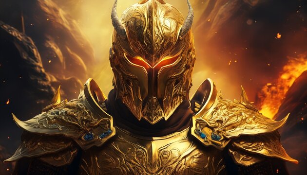 A celestial knight in golden armor inscribed with holy symbols, standing resolutely against a backdrop of demonic forces, exuding strength and divine power
