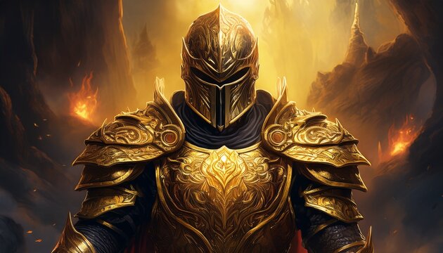 A celestial knight in golden armor inscribed with holy symbols, standing resolutely against a backdrop of demonic forces, exuding strength and divine power