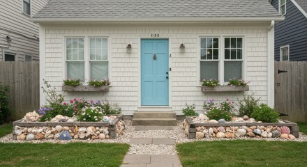Charming Cottage Exterior with Blue Door and Seashell Garden Beds
