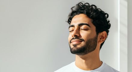 Obraz premium Young adult hispanic male relaxing with eyes closed in sunlit room