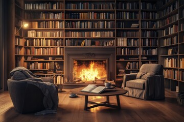 Third Place Cozy Fireside Living Room with Bookshelves and Scandinavian Minimalism in Warm Neutral Tones Selective Focus