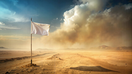 White flag in desert with dust storm