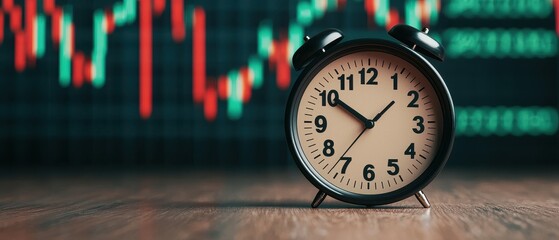 A close-up of an alarm clock on a wooden surface, with a financial graph blurred in the background, indicating the theme of time management in trading or investing.