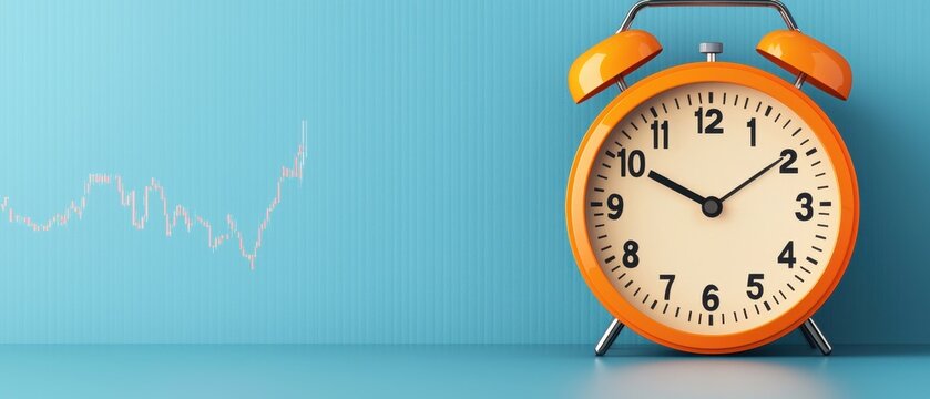 A vibrant orange alarm clock against a blue background, symbolizing time management and productivity, with a subtle upward graph.