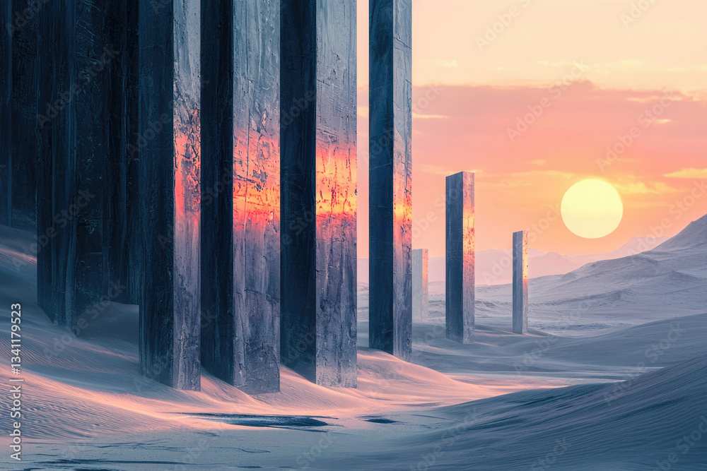 Poster sunset casts warm hues on monolithic structures standing tall in a desolate, sandy landscape.