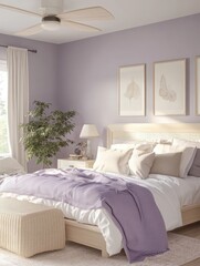 A Modern Bedroom Features Light Lilac Tones and Modern Decor