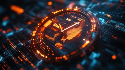 A futuristic digital clock with glowing orange elements, set against a dark background filled with data patterns and technology motifs.